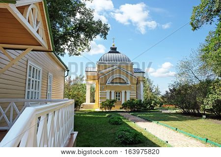 TARKHANI RUSSIA - AUGUST 28 2016: Manor house and the house church of St. Mary of Egypt in the estate Lermontov Tarkhany