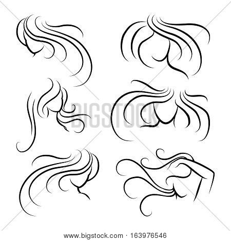 Woman head silhouettes with long hair isolated on white. Vector illustration