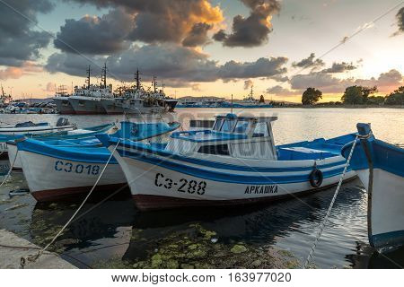 Sozopol, Bulgaria - July 12, 2016: Sunset Panorama of port of town of Sozopol, Burgas Region, Bulgaria