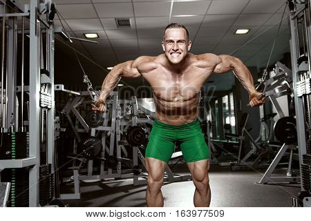 Muscular Bodybuilder Guy Doing Exercises Workout In Gym