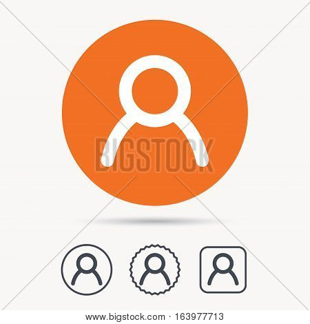 User icon. Human person symbol. Avatar login sign. Orange circle button with web icon. Star and square design. Vector