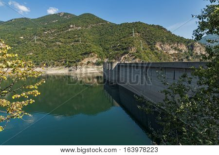 Amazing view Dam of the Vacha (Antonivanovtsy) Reservoir, Rhodopes Mountain, Bulgaria