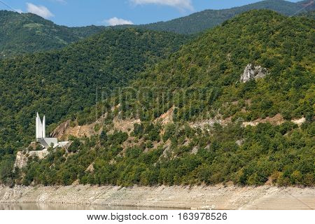 Amazing ladscape with green forest around Vacha (Antonivanovtsy) Reservoir, Rhodopes Mountain, Bulgaria