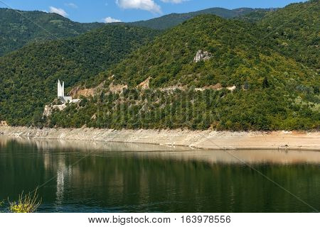 Ladscape with green forest around Vacha (Antonivanovtsy) Reservoir, Rhodopes Mountain, Bulgaria