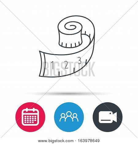 Measuring tape icon. Weight loss sign. Group of people, video cam and calendar icons. Vector