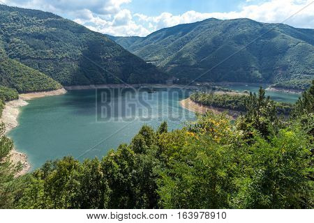 Panoramic view of Meander of Vacha (Antonivanovtsy) Reservoir, Rhodopes Mountain, Bulgaria