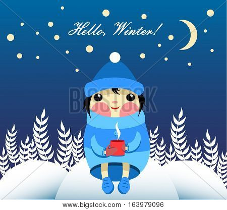 Cute card with girl winter snow cold