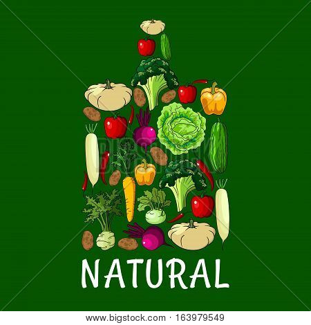 Natural healthy vegetables. Cutting board symbol with vector vegetable cabbage, onion, kohlrabi, pepper, zucchini, celery, daikon radish and carrot, beet and potato, broccoli