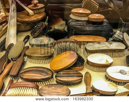 ROME ITALY - DECEMBER 28 2016: Collection of best marks brushes exposed in the window of Muzio Store.