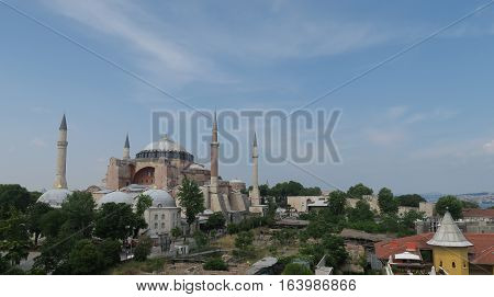 View at 1.500 Years old Hagia Sophia, Christian Orthodox Patriarchal Basilica, Imperial Mosque and now a Museum in Istanbul, Turkey