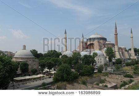 View at 1.500 Years old Hagia Sophia, Christian Orthodox Patriarchal Basilica, Imperial Mosque and now a Museum in Istanbul, Turkey