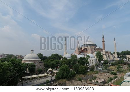 View at 1.500 Years old Hagia Sophia, Christian Orthodox Patriarchal Basilica, Imperial Mosque and now a Museum in Istanbul, Turkey