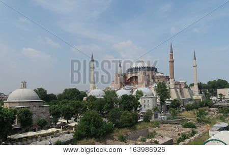 View at 1.500 Years old Hagia Sophia, Christian Orthodox Patriarchal Basilica, Imperial Mosque and now a Museum in Istanbul, Turkey