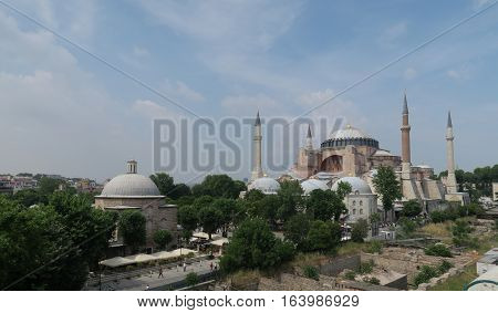 View at 1.500 Years old Hagia Sophia, Christian Orthodox Patriarchal Basilica, Imperial Mosque and now a Museum in Istanbul, Turkey