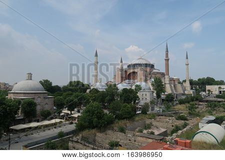 View at 1.500 Years old Hagia Sophia, Christian Orthodox Patriarchal Basilica, Imperial Mosque and now a Museum in Istanbul, Turkey