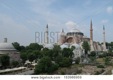 View at 1.500 Years old Hagia Sophia, Christian Orthodox Patriarchal Basilica, Imperial Mosque and now a Museum in Istanbul, Turkey