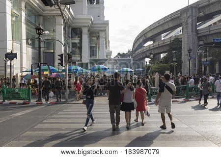 BANGKOK THAILAND - DEC 31 : unidentified tourist at Erawan shrine while new year festival on december 31 2016 thailand. Erawan shrine is famous place in Ratchaprasong area