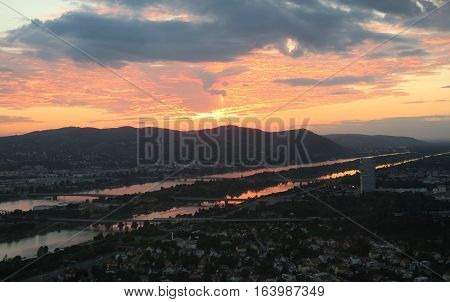View from Danube Tower over Vienna, the Danube River and Kahlenberg