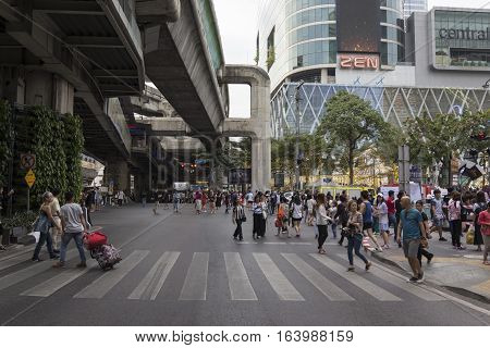 BANGKOK THAILAND - DEC 31 : unidentified tourist on Ratchaprasong Junction while new year festival on december 31 2016 thailand. Ratchaprasong is most activities area of Bangkok