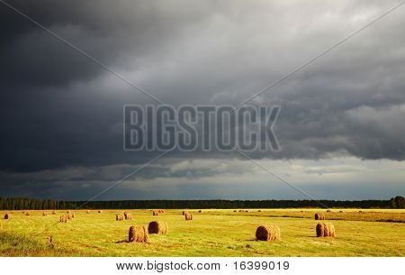 Lato krajobraz hayfield i burzowe chmury
