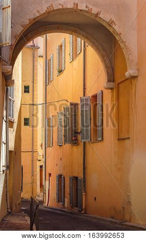 Quiet alley in the old part of Antibes, France