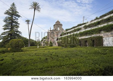 CAXIAS, PORTUGAL - October 26, 2016: General view of the french inspired Royal Gardens of Caxias with the water cascade in the background Portugal