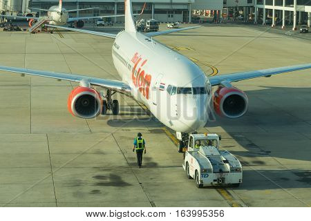 BANGKOK, THAILAND-DEC 29 2016. Thai Lion airline at the gate in Don Mueang international airport (DMK)