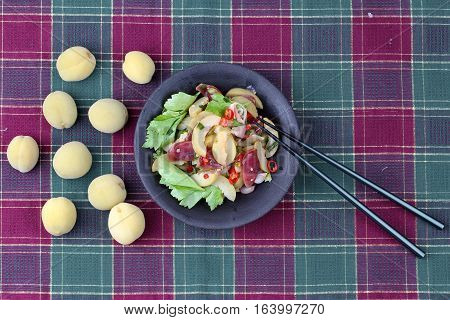 Spicy Sour Chinese Sausage Salad With Peach Honey - Compote .