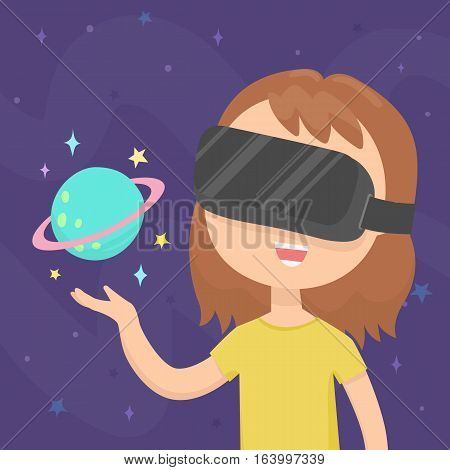 Girl wearing a virtual reality glasses in space. Holding a planet on her hand. Vector hand drawn cartoon illustration