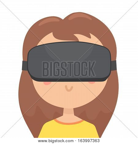 Girl in a virtual reality glasses. Close up portrait of funny cartoon girl. Vector hand drawn illustration