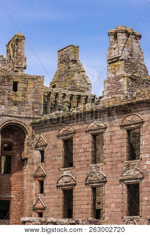 Shearington, Scotland, Uk - June 18, 2012: Closeup Of Ruined  Brown Stone Early Classical Domestic A