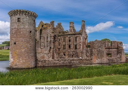 Shearington, Scotland, Uk - June 18, 2012: Closeup Of South Side Of Ruined  Triangular Brown Stone M