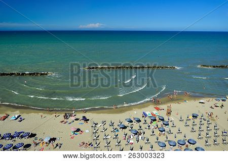 View From Above On A Resting People On The Adriatic Coastline With The Beaches In Montesilvano Pesca