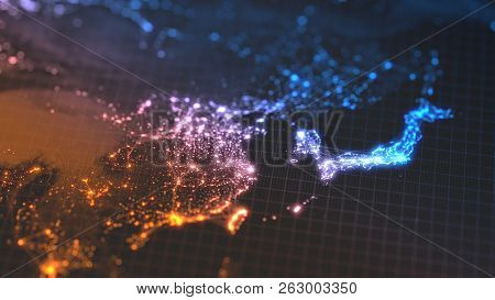 Glowing City And Human Population Density Areas With Linear Connections Between Them. View Of Asia. 