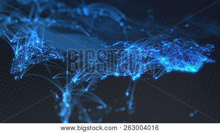 Glowing City And Human Population Density Areas With Bouncy Line Connections Between Them. View Of A