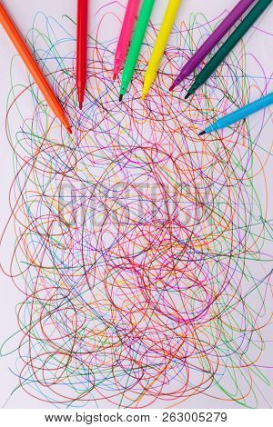 Different Colors Felt Tip Pens And Scribble On White Paper, Abstract, Creative Concept, Children Dra