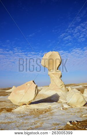 Beautiful Abstract Nature Rock Formations Aka Sculptures In Western White Desert At Sunset, Sahara. 