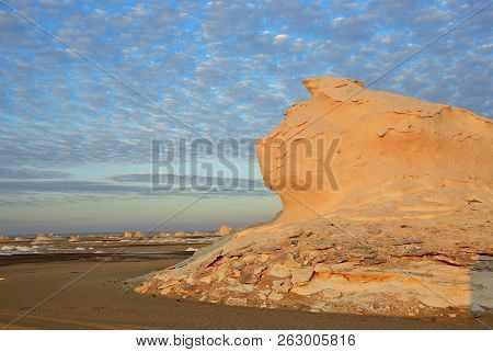 Beautiful Abstract Nature Rock Formations In Western White Desert At Dawn, Sahara. Egypt. Africa