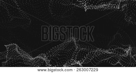 Abstract Wave Dots In Dark Background. Wave Of Particles. Vector Illustration.