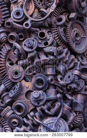 Steampunk Background, Machine Parts, Large Gears And Chains From Machines And Tractors. Old Rusty Ma