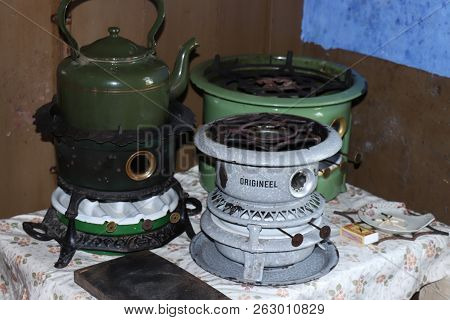 Enkhuizen, The Netherlands - October 12th 2018: 19th Century Kitchen Paraffin Stoves, Reconstruction