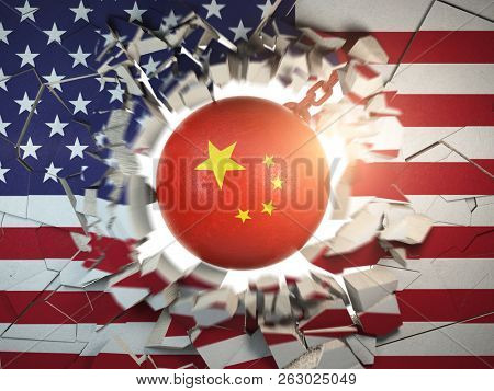 China and USA  tariff war and trade problem concept. Demolition ball in colors of China flag break a wall in colors of USAflag. 3d illustration
