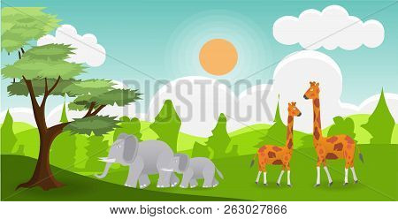 Elephants And Giraffes Live In The Green Jungle. Wildlife Life With The Integrity Of Nature Energy S