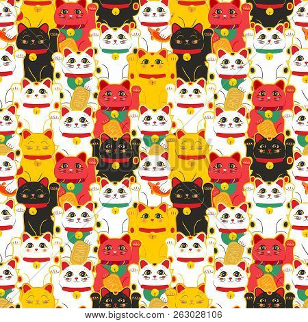 Maneki-neko Cat. Seamless Pattern With Sitting Hand Drawn Lucky Cats. Japanese Culture. Doodle Drawi