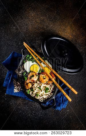 Traditional Asian Food, Ramen Soup With Shrimp, Noodles, Spring Onion, Sliced Eggs, Mushrooms, On Da
