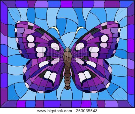 Illustration In Stained Glass Style With Bright Purple Hawk Moth On A Blue Background In A Bright Fr