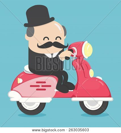 Happy Businessman Office Worker Character Riding Bike  Move To Work