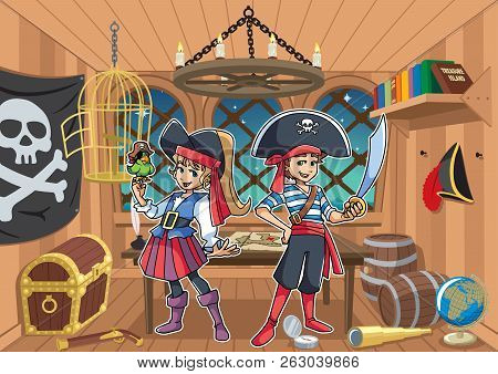 Cartoon Illustration Of Two Cute And Happy Children, Boy And Girl, Smiling While Wearing Pirate Cost