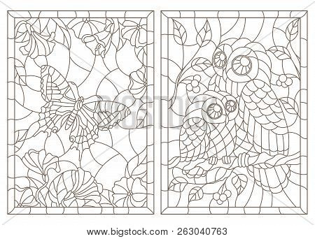 Set Of Contour Illustrations Of Stained-glass Windows With A Butterfly And Owls, Dark Contours On A 