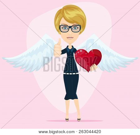 Gorgeous Young Woman As Cupid Angel With White Wings And Heart. Stock Flat Vector Illustration.